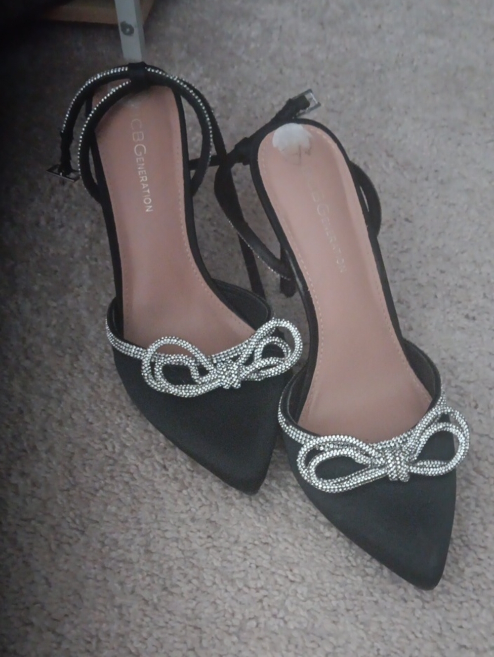 BCBGeneration Black Pointed Toe Slingback Heels with Crystal Bow